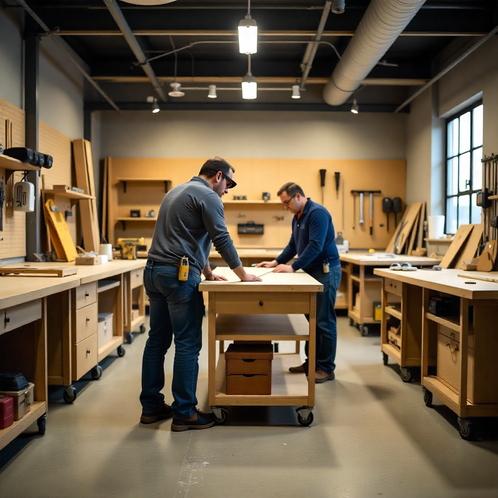 Professional furniture assembly workshop with tools and materials